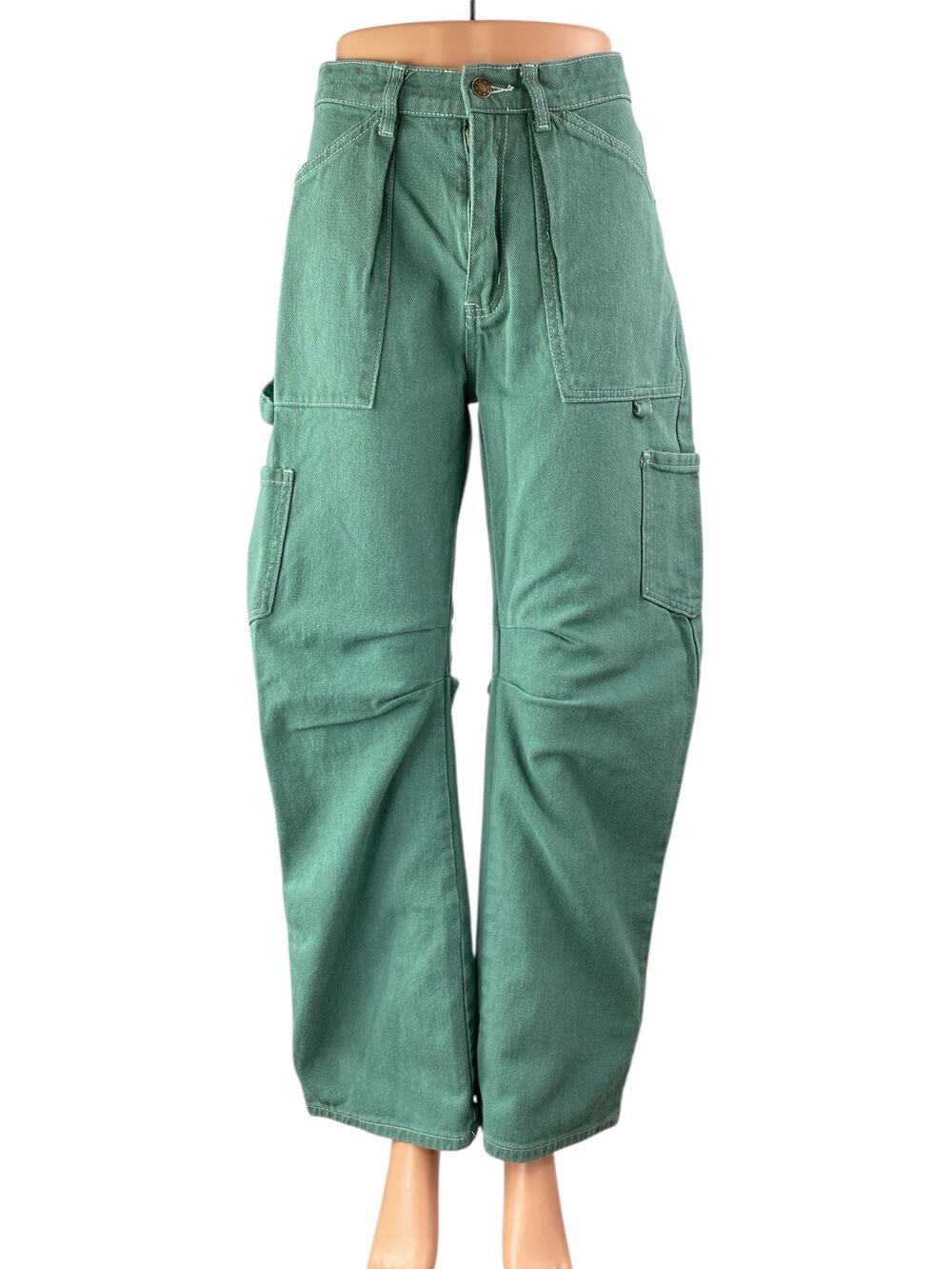 Lioness Womens Green High Waisted Barrel Baggy Utility Cargo Denim Jeans Size XS